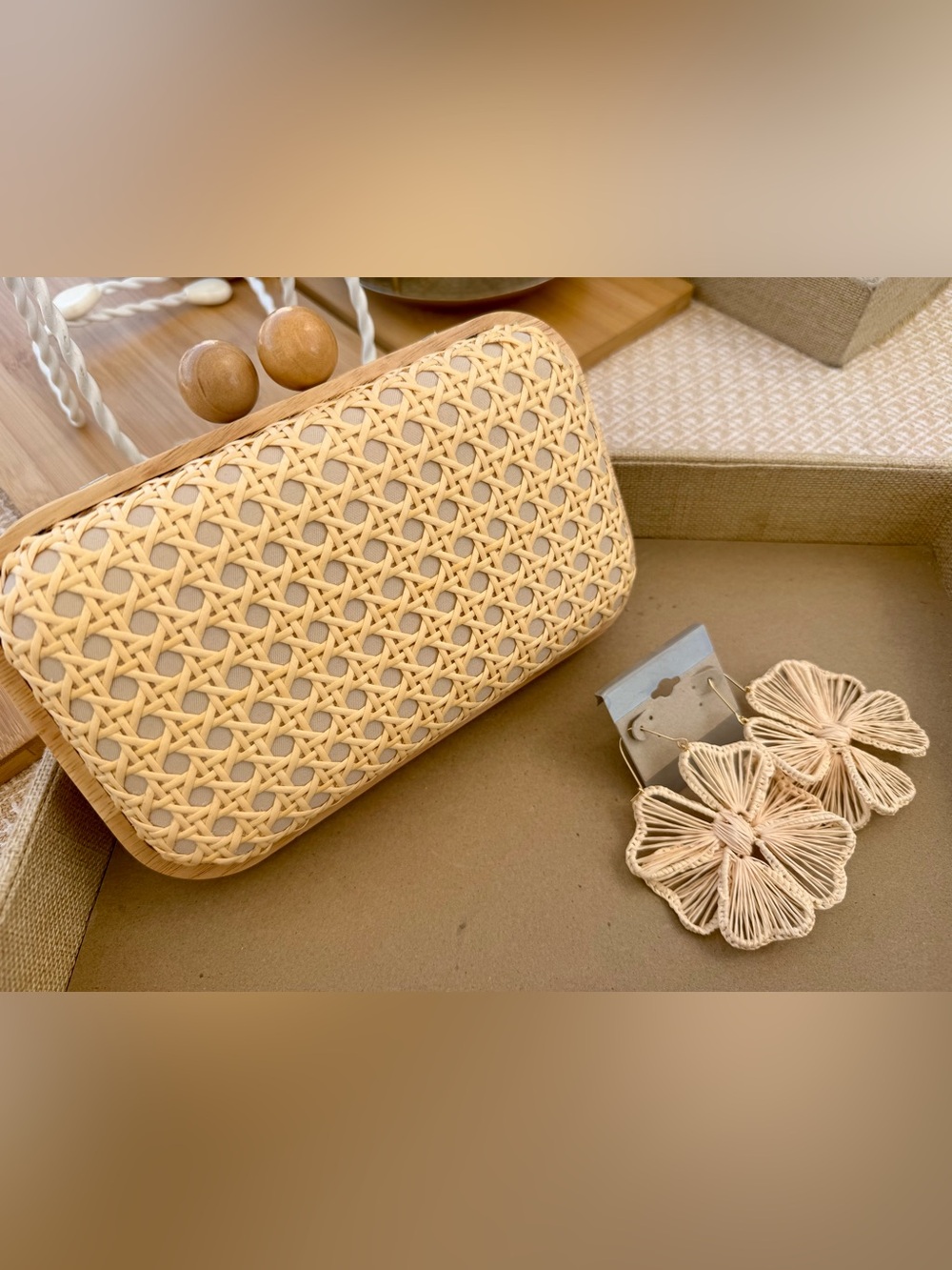 Woven Rattan Clutch Bag in Natural Beige